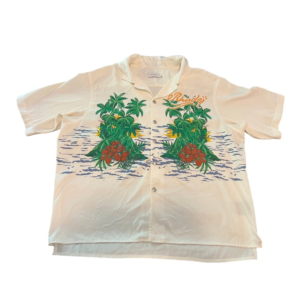 Rhude Mens Tropical Palm Tree Graphic Camp Collar Button Up Shirt Off White XL